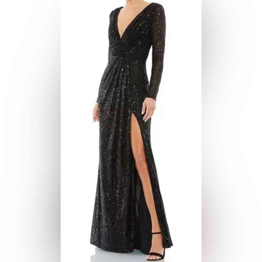 Black Sequin Embellished Long Sleeve Cocktail Gown